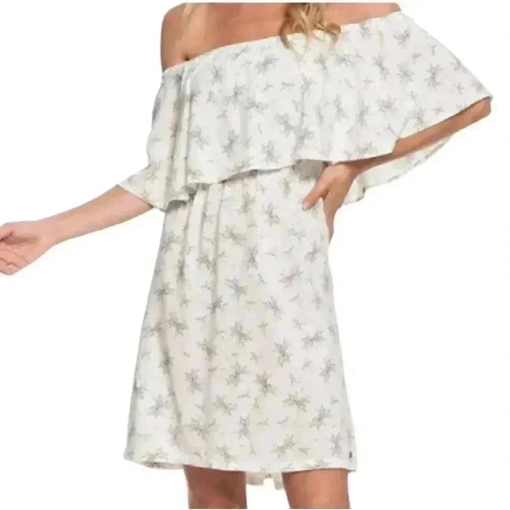 Roxy Women's White & Pink Mini Floral Cotton/Rayon Off the Shoulder Mini Dress